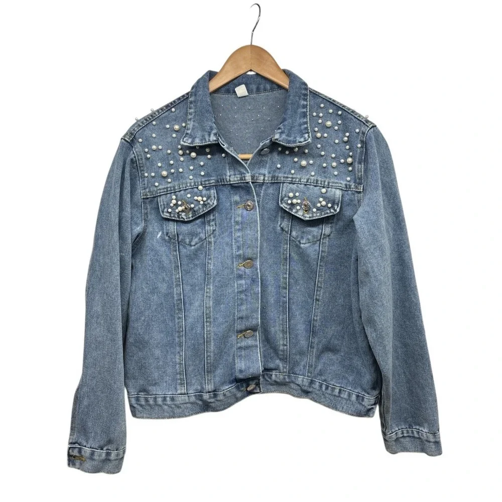 Bride Women's Denim Blue Jean Jacket With Pearls Wedding Bachelorette Sz XLarge - Picture 3 of 9